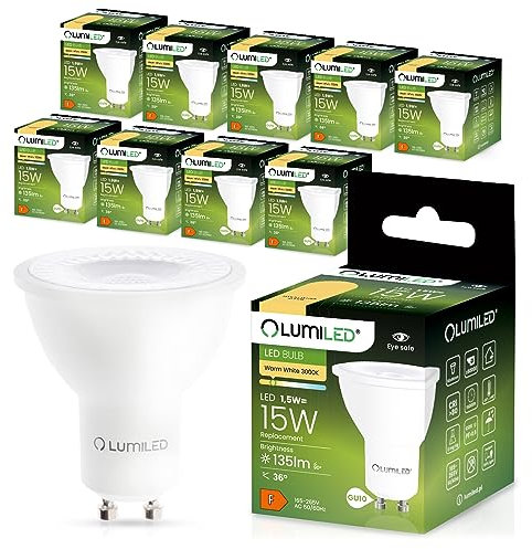 Lumiled GU10 LED Bulbs 1.5 W 3000 K Warm White Light Bulb 135 Lumen Bulbs (Replaces 15 W Halogen Bulb) AC 230 V Beam Angle 36° Reflector Lamp Spotlight Light Set of 10