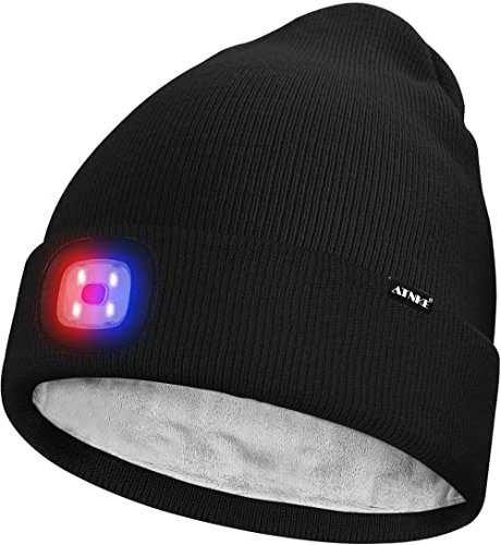 ATNKE Unisex LED Mütze mit Licht,Wiederaufladbare USB 4 LED Rot und Blau Leuchten Blinkender Laufmütze Lampe Warme Gefüttertes Fleece Stricken Mütze für Herren und Damen Geschenke/Black