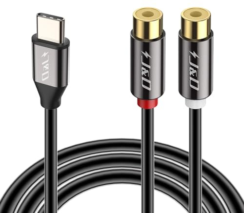 J&D Câble Audio USB C vers 2 RCA Femelles, Cordon d’Extension RCA Plaqué Or Y Splitter, Compatible avec iPhone 16/17 Series, Galaxy S23/S24/S25, Systèmes Home Cinéma, 0,2 m