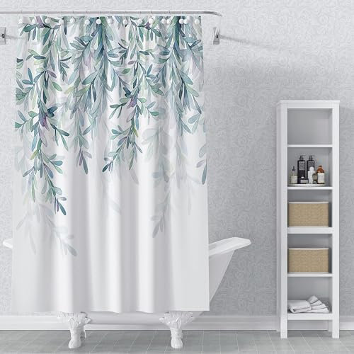 MIRRORANG 105x160cm Hoja Cortina De La Ducha Planta Acuarela Naturaleza Eucalipto Hojas Verdes Cortina De Ducha para Baño Impermeable Tejido De Poliéster Conjunto con Ganchos