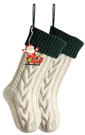 Hixingo Weihnachtsstrumpf Personalisiert 1/2/4er, Große Klassische Gestrickt Bestickte Nikolausstrumpf Weihnachtssocken zum Aufhängen und Befüllen Kamin Weihnachtsbaum Deko (Grün beige,2 Stück)