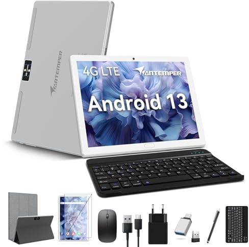 2024 Tablet de 10 pulgadas 4G LTE (ranura para tarjetas SIM dual) 2.4G WiFi, Android 13 tabletas, Octa-Core 4 GB RAM 64 GB ROM (TF 512GB), cámara de 13 MP, GMS 2 en 1 Tablet PC con teclado lápiz y