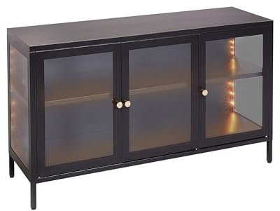 Beliani Sideboard Metall schwarz mit LED Beleuchtung 3 Glastüren Griffe Gold Newport
