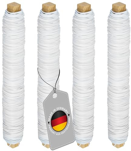 ECENCE Set da 4 Filo di Ferro zincato, 35m x 0,65mm - Filo di Ferro Modellabile - Filo da Giardino Avvolgente su Bobina in Legno per Piante e Fiori - Colore: Bianco