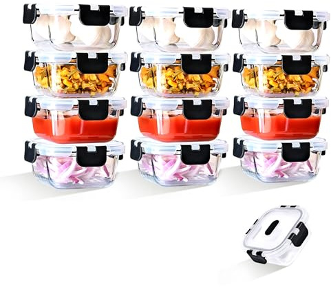 LNWSN 320ml Frischhaltedosen mit Deckel 12er Set, Versiegelter Vorratsdosen Glas mit Deckel aus Verdicktem Borosilikatglas, Food Container für die Mitnahme von Verschiedener Essen beim Picknick