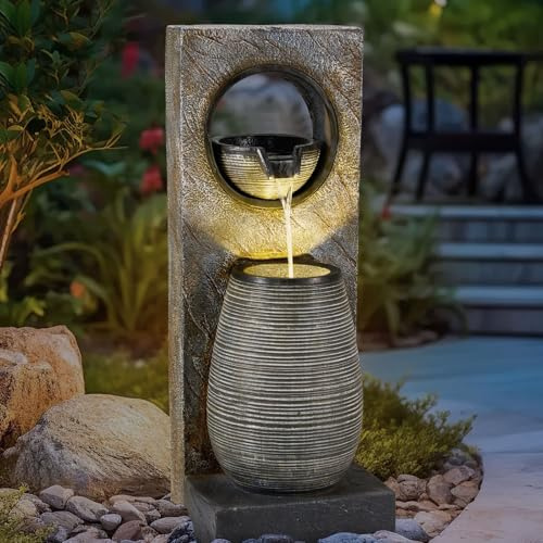 YOLENY Tall Outdoor Fountain with LED Lights, 39.7'' H Water Fountain Modern, Outdoor Freestanding Fountains for Garden Yard Home Decor