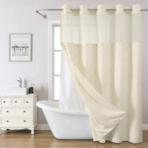 eachope Tenda da doccia color crema senza gancio e fodera in tessuto, stile boho trapuntato a righe e shabby chic, tenda da doccia con finestra superiore trasparente, decorazione per hotel, 180 x 188