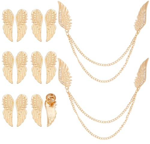 WEBEEDY 14 Broches en Plume Dorée pour Hommes et Femmes Broches à Ailes D'Ange de Styles 2 en Alliage avec Strass et Chaîne Épingles de Revers Décoratives pour Vêtements et Accessoires de Costume