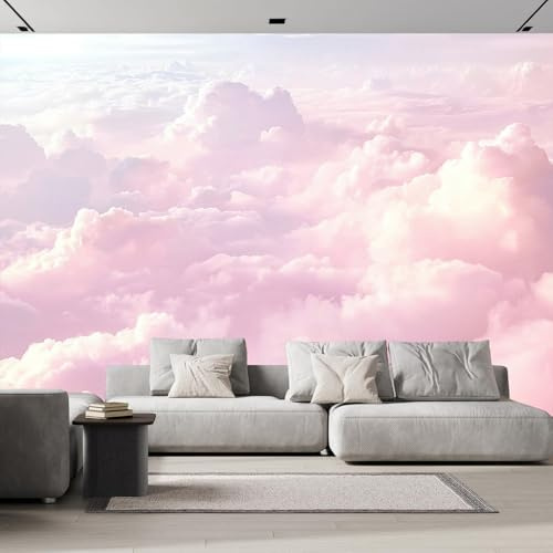 3D Panoramique Murale De Nuages Roses Romantiques Papier Peint Tissu de soie Pour Salon Chambre Enfant Chambre Décoration， Nature Murale Moderne Poster Tableaux Photo Muraux 250×175cm