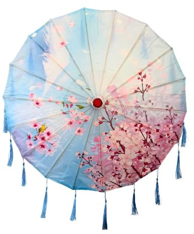 THY Collectibles Classic Chinese Art Asian Style 33 Silk Parasol Umbrella with Tassels for Wedding Parties, Photography, Costumes, Cosplay, Decoration And Other Events (Blue Sky with Cherry Blossoms)