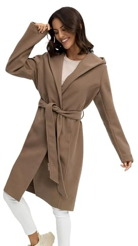 MARIKOO Damen Übergangsmantel (XS-3XL) - Eleganter Wickel Mantel mit Taillengürtel, Oversized Hood Kapuze, Warme Jacke Frauen - N046