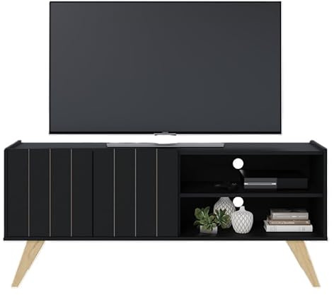 Meuble TV Bar 55 Pouces Noir Pieds Bois 2 Portes 3 Niches L 135.8 H 58.7 P 36.1cm