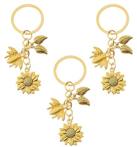 SUPERFINDINGS 3 Porte Clés Tournesol Abeille Porte Clés Fleur Jaune Portes Clé Thème Printemps Portes Clé en Alliage Doré Breloques de Sac Tournesol Cadeaux pour Décoration de Sacs à Dos DIY