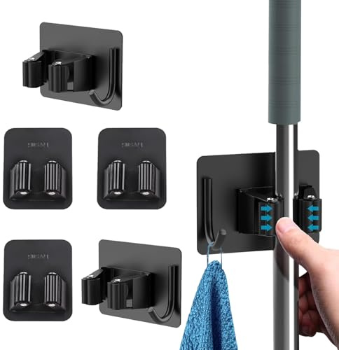 5 Pcs Broom Holder Wall Mounted, Broom Holder, Mop Wall Mounted, No Drilling Garden Tool Organizer for Bathroom, Kitchen, Office, Closet, Garage(Black)