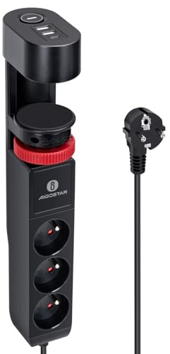 Aigostar Multiprise de Bureau avec Interrupteur, 3 Prises + 2 USB-A + 1 USB-C, Câble 1.5m, pour Maison et Bureau,Noir