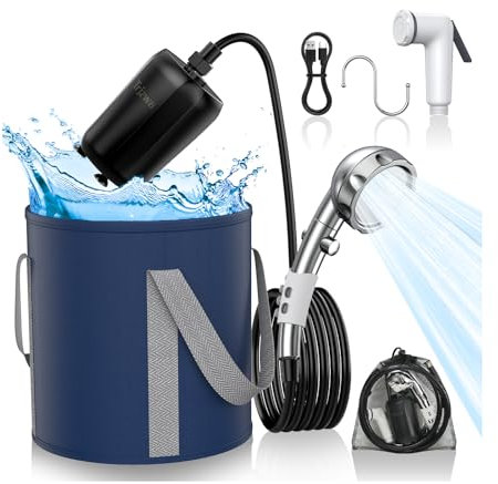 TRJZWA Portable Shower Camping,9000mAh Rechargeable Shower Pump with Digital Display,Adjustable Shower Head and Folding Bucket Outdoor Shower for Camp,Hiking Beach,Travel,Car Washing,Pet Bath,Garden