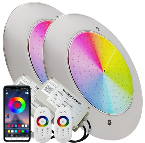 LED ATOMANT 2 Focos de Piscina LED Acero 12W RGB IP68 Transformador y Mando | Acero inoxidable, Montaje en superficie, Diametro 25cm