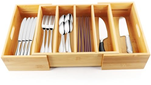 Besteckkasten für Schubladen, Ausziehbarer Organizer Schublade aus Bambus Praktisches Küchen Utensil mit 4-6 Fächern. Ideal für Besteck, Kosmetik, Schminktisch, Büro oder Bad