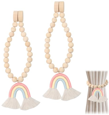 IETWATE 2PCS Curtain Tie Backs, Rainbow Tassel Pendant Magnetic Tie Backs for Curtains, Wooden Bead Magnetic Curtain Tiebacks, Boho Decor Curtain Ties, for Bedroom Nursery Farmhouse
