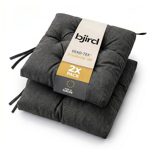 Bjird Wasserdichtes Stuhlkissen 45x45 cm – Gartenkissen für Stühle & Sessel – Dickes Sitzkissen 6 cm – Outdoor Sitzauflage für Gartenmöbel – Wetterfest & Pflegeleicht - 2er Set - Schwarz