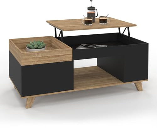 IDMarket - Table Basse rectangulaire Plateau relevable et Plateau Amovible avec Coffre Lola Bois et Noir