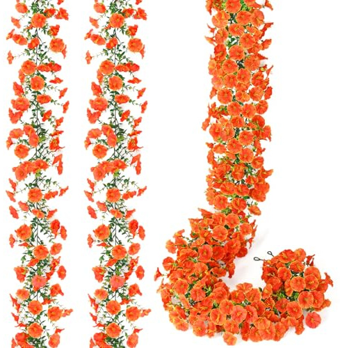 DEMIUKO 2 Stück Blumengirlande Künstlich Blumen Deko Orange Kunstblumen wie echt 1.8M Frühling Hängen Seidenblumen Fake Morning Glory Blumenranken für Garten Party Schaukel Balkon Wand Dekoration