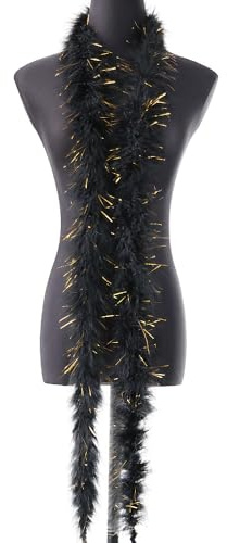Aniyan Flauschige Federboa 2m aus Truthahnfedern – Weiche Marabu Federstola für Kostüm, Karneval, Halloween, Hochzeit, Party & DIY Basteln – Feder-Schal Accessoire,Schwarz + Gold