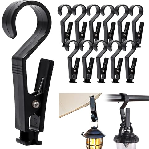 12 Stück Klammerhaken für Campinglampe, Wäscheklammern Lichthaken Zeltclips Stiefelklammer Handtücher Clips Campingzelt Haken Handtuchklemmen für Camping Wäsche Aufhängen (Schwarz)