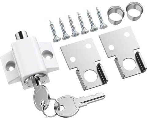 eSynic 1PZ Serratura per Porte Finestre Scorrevoli con 2 Chiavi Universali, in Metallo Resistente Corrosione, 2 Vie di Installazione, Catenaccio Limitatore di Apertura per Sicurezza Bambini - Bianco