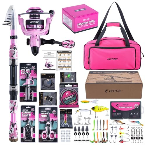 Goture Angelset mit Teleskop-Angelrute aus 24T Kohlefaser - Komplettes Angelset mit 5.2:1 Spinnrolle, 150m Angelschnur, 900D Gepolsterte Tasche & Zubehör für Anfänger Profis, 1,8m-2,7m Pink