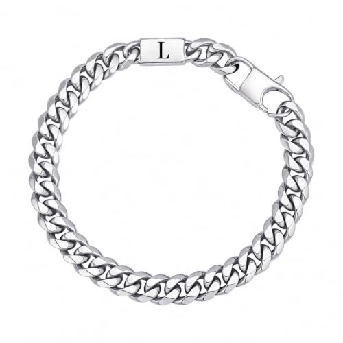 Gamtic Herren Armband Edelstahl Panzerkette mit Buchstaben A-Z | Silber Buchstaben Armband für Männer Jungen, Kubanische Armbänder 8mm Breite 21cm Länge Geschenke für Ehemann Sohn