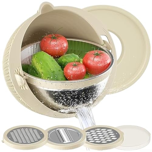 Scolapasta rotante in acciaio inox, con cestello a doppio strato e tre lame per grattugia per affettare e sminuzzare e drenare efficientemente con base stabile (D)