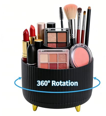 FSTIANXIA 360° Rotating Makeup Organiser,Makeup Brush Holder with 5 Compartments for Cosmetics Perfume Jewellery for Dressing Table Bedroom Bathroom Desktop Stationery Storage (Black)