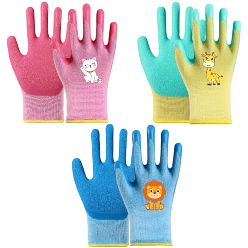 Luxorium 3 pares de guantes jardinería niños, guantes de trabajo para edades de 5 a 9 años, guantes protectores con adorables diseños de animales, antideslizantes y transpirables para niños y niñas