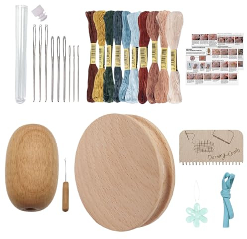 Darning Kit | Stopf-Scheibe mit 9 Nadeln - Stopfei aus Holz mit Fädler und 10 Farben Nähgarn,Zur Ausbesserung Von Kleidung, Pullovern, Jeans Und Haushaltstextilien