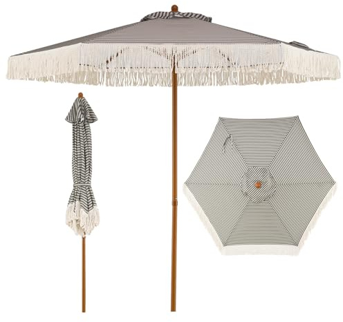 COSTWAY Parasol de Jardin Exterieur à Franges 210 cm, Parasol Balcon Bohème, Toile Ventilé en Polyester, 6 Baleines, Mât en Aluminium Grain de Bois, pour Plage Jardin Terrasse (Rayé Brun-Gris)