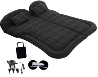 SunsoilGiant Auto Luftmatratze Aufblasbares Rücksitz Schlafbett Praktisches Autoluftbett mit Zwei Kissen Und Reparaturset Aus Weichem Flockstoff für Reisen Outdoor, Schwarz