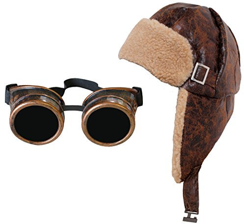 ALT LEDER AUSSEHENDE FLIEGERMÜTZE MIT HELLEN TEDDYFELL INNEN = VON ILOVEFANCYDRESS® =RETROSTYLE FLIEGER MÜTZE AUS KUNSTLEDER MIT EINER STEAMPUNK-CYBER-SCIENCE FICTION BRILLE