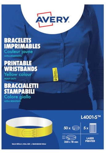 Avery Italia Braccialetti L4001-5 identificativi gialli ultra resistenti 265 x 18 mm, Laser, confezione 5ff