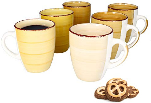 MamboCat Yellow 6-er Kaffee-Becher-Set gelb I Steingut-Tasse groß mit Strudel-Dekor - in tollen Gelbtönen I große Jumbo-Tee-Tasse - Tea & Coffee Mug I 300 ml Kaffee-Tassen-Set groß 6 Stück