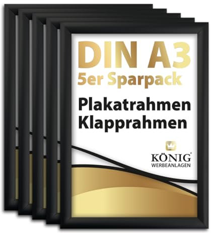 Dreifke 5 Plakatrahmen DIN A3 | 25mm Aluminium Profil, schwarz | inkl. entspiegelter Schutzscheibe | Alu Klapprahmen Wechselrahmen Posterrahmen | 5er Sparpack