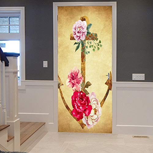 A.Monamour Türtapete Selbstklebend Türfolie Türposter 3D Vintage Braun Gesprenkelt Rustikaler Schiffsanker Mit Nautischen Blumen Vinyl Folie Türdeko Tapete Wandbild Türaufkleber Türtattoo 77 x 200 cm