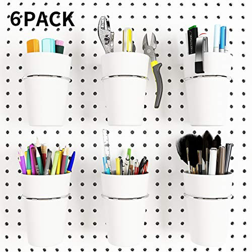 Kuhome Lot de 6 crochets pour panneau perforé avec tasses, paniers en panneau perforé avec anneaux, porte-gobelet pour organiser et ranger (blanc)