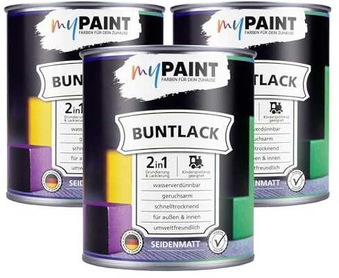 myPaint 2in1 Buntlack Seidenmatt (2,25L Reinweiß/Weiß RAL 9010) – Wetterfeste Holzfarbe Holzlack Küchenmöbellack. Getrocknet sicher für alle. Schnelltrocknend, Für Innen Außen