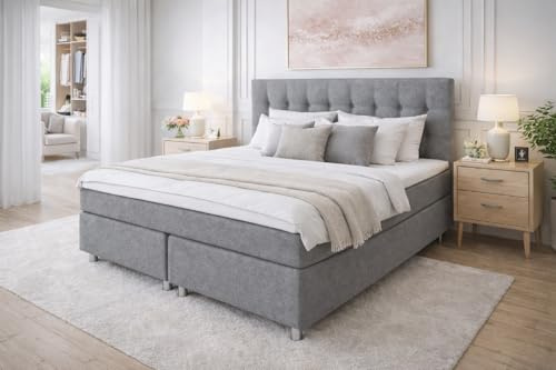 Tesla Dreams Boxspringbett 160x200 Ronda, 7 Zonen Taschenfederkern-Matratze H2/H3, 5 Jahre Garantie, Topper MemoLUX-12 cm, Unterbau Taschenfederkern, Montage verfügbar, Grau