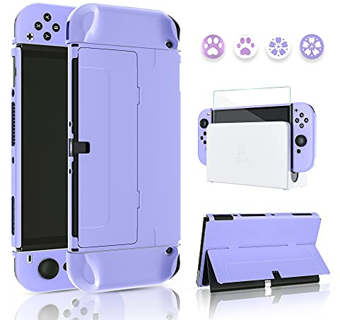 FANPL Klapphülle für Nintendo Switch OLED Modell, Hartschale, niedliche Schutzhülle und Joy Con Controller mit Displayschutzfolie 4 Daumengriffkappen – angenehme Haptik (lila), violett