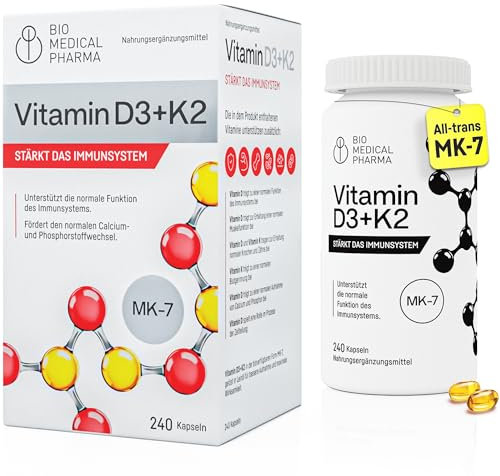 Vitamin D3 K2 MK-7 Hochdosiert – 240 Softgel Kapseln – 5000 IE Vitamin D und 100mcg Vitamin K2 MK7 – Hohe Bioverfügbarkeit mit Leinöl – Unterstützt Immunsystem und Knochen – Ohne Zusätze
