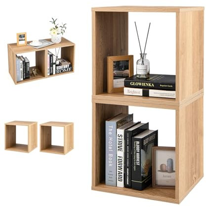 GOPLUS 2 Cubes Rangement en Bois, Bibliothèque Étagères de Rangement, Dispositif Anti-Basculement, Rangement Vinyle pour Salon, Chambre, Bureau, Naturel, 35x38x33cm