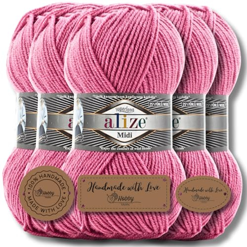 Hobby YARN 3x Etikettenlabel mit Alize Superlana Midi Wolle Premium 5x100g als Set, Yarn, Garn, Strickgarn, Einfarbig, Baby, zum Häkeln, Stricken, Kleidung, Schals (Dark Pink | 178)