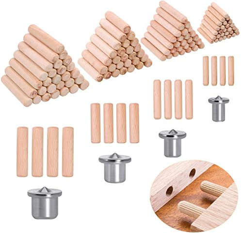 500 Pezzi Tasselli in Legno con 4 Pezzi Perno di Centraggio Scanalate in Legno 6mm 8mm 10mm 12mm Spine Legno Perni di Legno Tasselli Perni Scanalati per Mobili, Progetti di Artigianato, Fai Da Te